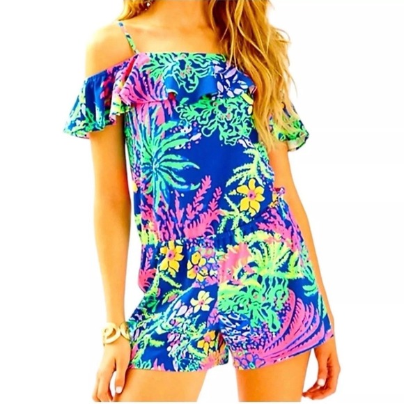 Lilly Pulitzer Pants - Lilly Pulitzer Klea Off The Shoulder Romper Indigo A Glow Tropical Print Size S